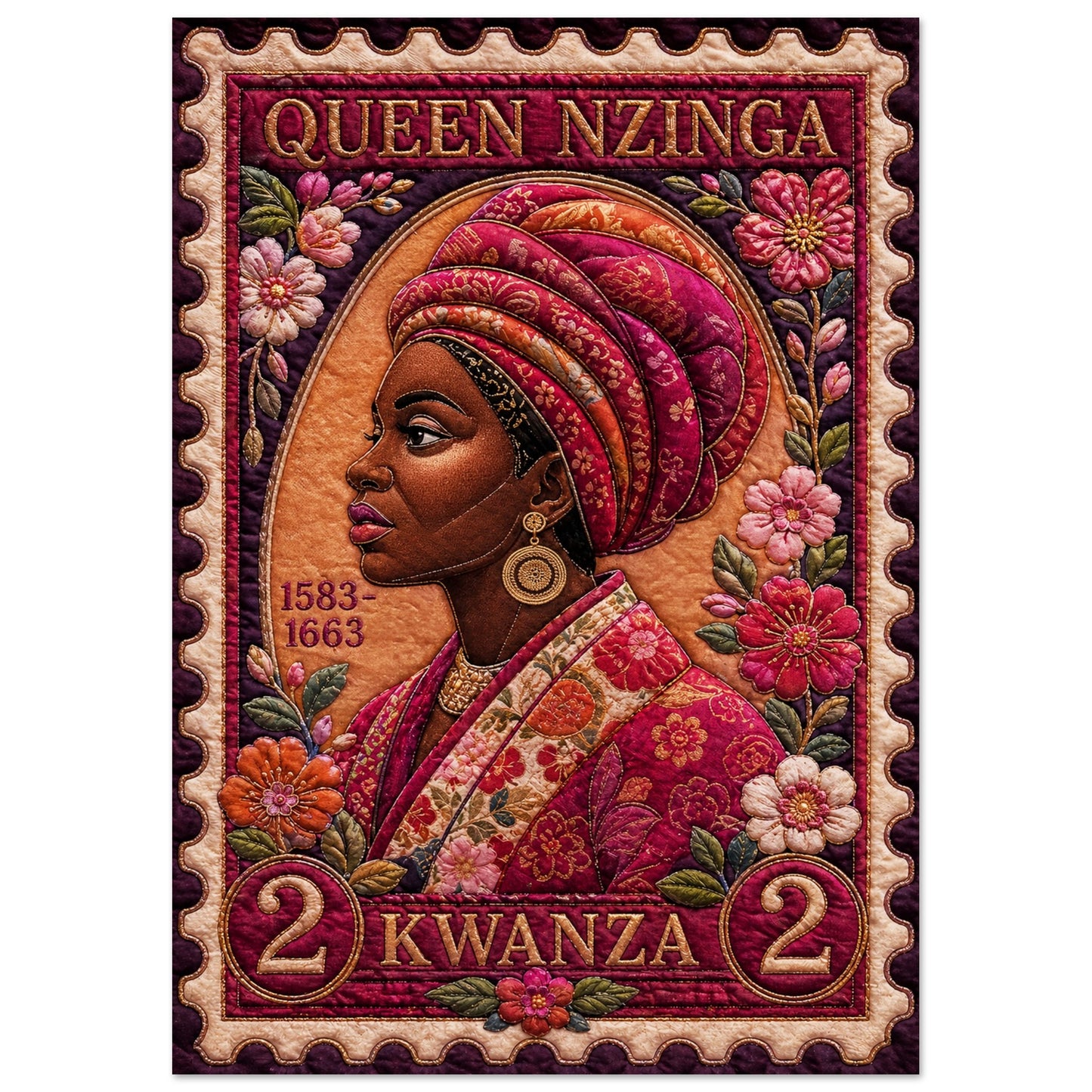 Queen Nzinga Quilt-Inspired Matte Paper Poster in Bisa Butler Style