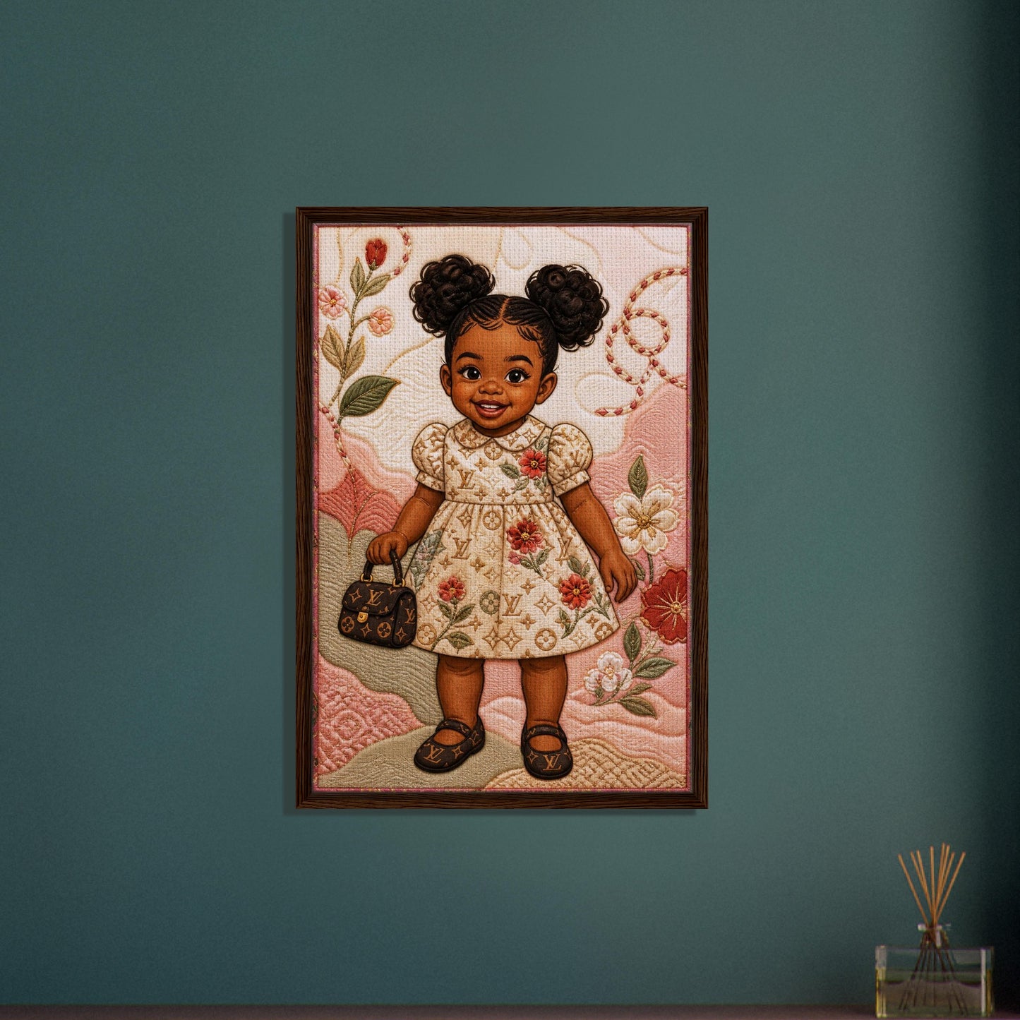 Little Luxe Black Girl Framed Canvas Quilted-Style Textile-Inspired
