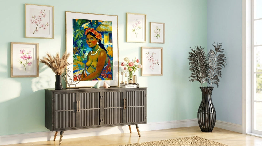 Bright spring interior refreshed with vibrant Damsko Art posters — botanical and pastel-toned wall art accents