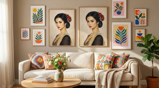 Serene home interior with calm Damsko Art posters — wall art chosen to uplift the room's mood and energy