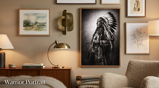 Stylish living room with a curated gallery wall of framed Damsko Art posters in mixed sizes and arrangements