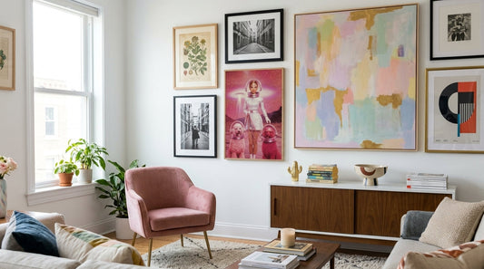 Modern interior with framed Damsko Art wall posters thoughtfully matched to the room's palette and proportions
