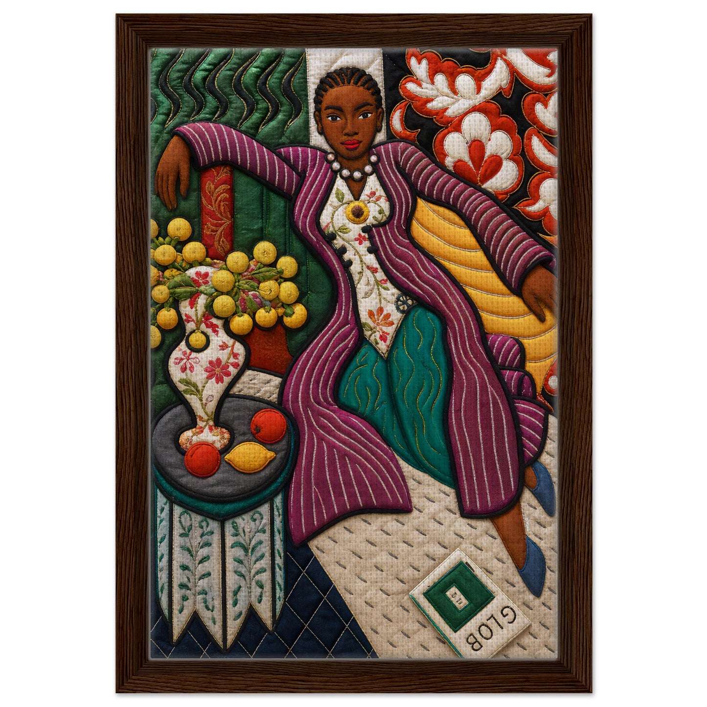 Citrus Lounge Framed Canvas Afrocentric Quilt-Inspired Portrait