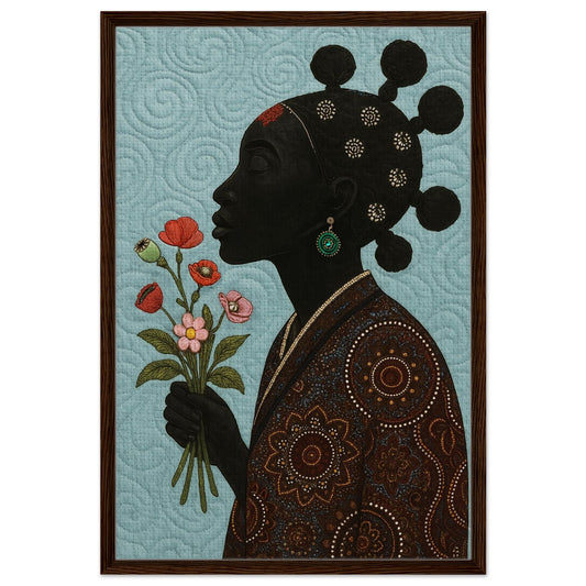 Blossom Whispers framed canvas, quilt-inspired portrait of woman in profile with floral bouquet on turquoise ground