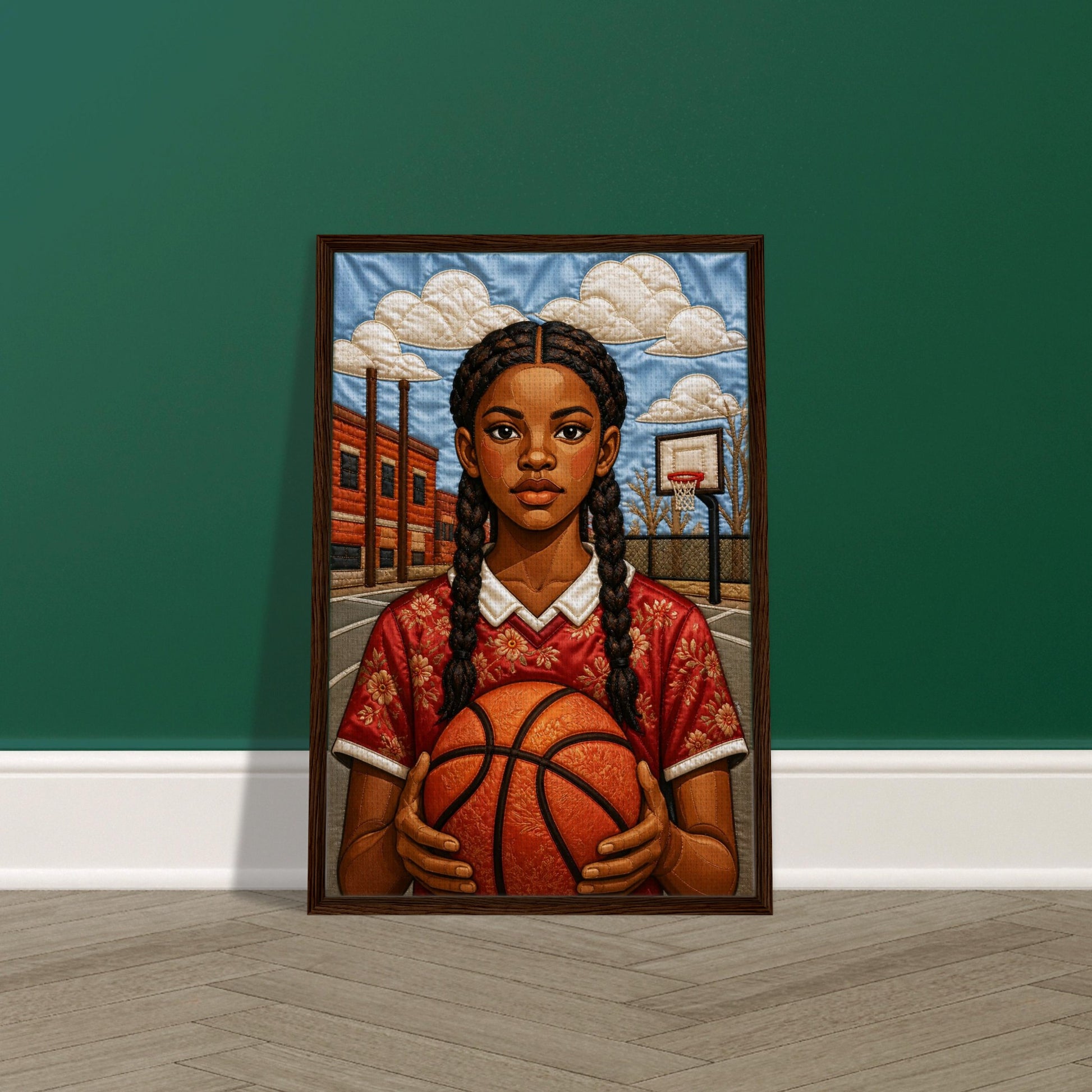 Museum-quality matte poster of quilt-inspired Black girl basketball