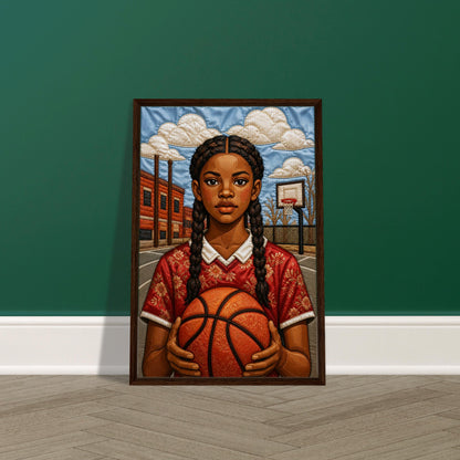 Museum-quality matte poster of quilt-inspired Black girl basketball