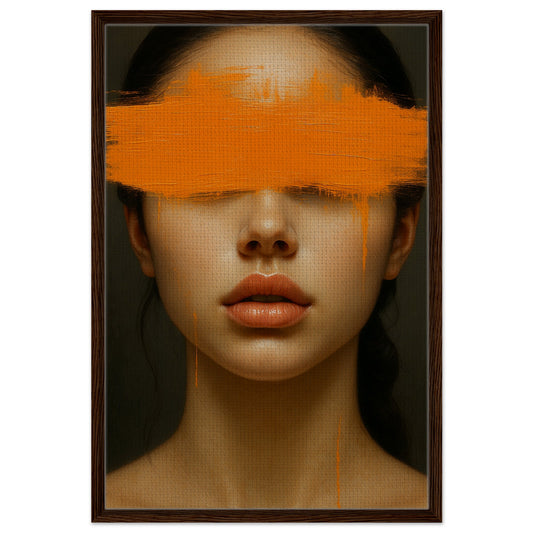 Orange Obscurity framed canvas, mixed media portrait with orange band across eyes in dark wood frame