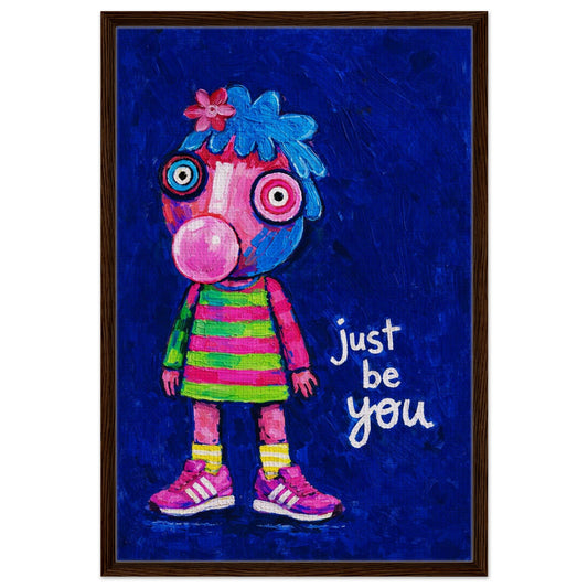 Color Outside the Lines framed canvas, pop art portrait blowing bubblegum on deep blue with 'just be you' text