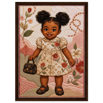 Little Luxe Black Girl Framed Canvas Quilted-Style Textile-Inspired