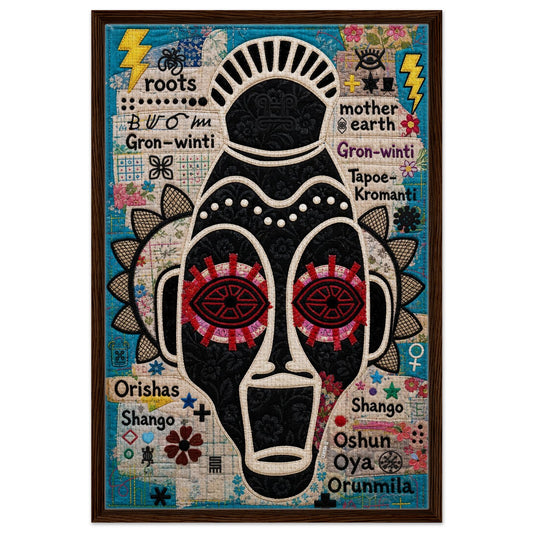 African mask quilted look framed canvas wall art, Yoruba Orisha-inspired, wood frame, patchwork textures.