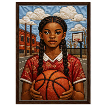 Museum-quality matte poster of quilt-inspired Black girl basketball