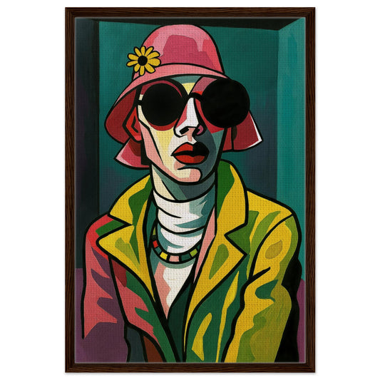 Shades of Power cubist framed canvas portrait of a woman in pink hat and black shades, color-block style, dark wood frame.