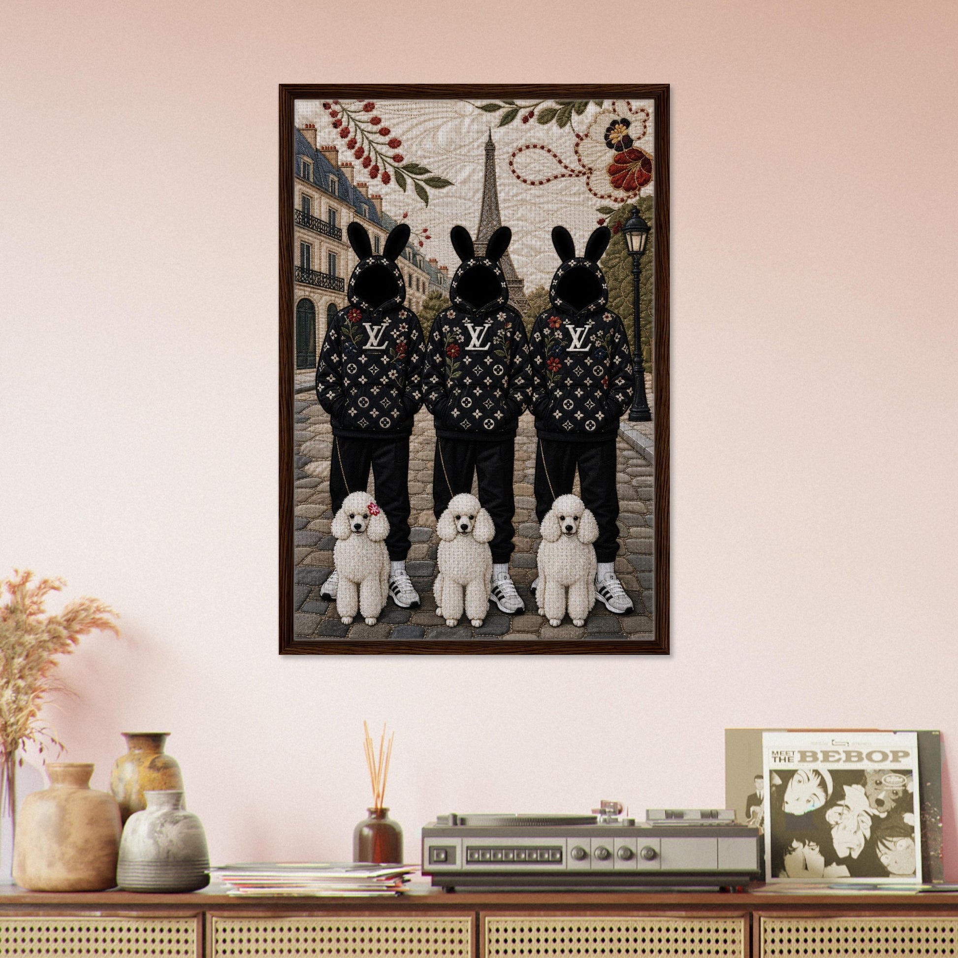 Framed Canvas, Paris Bunny Poodle Crew Quilt-Inspired - Pop Art Style