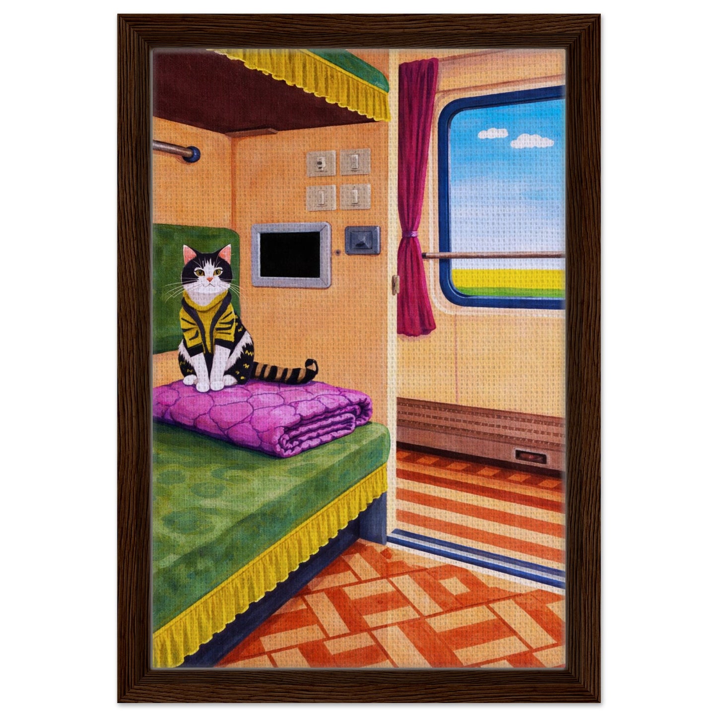 Cat on Train Framed Canvas Retro-Whimsical - Mid-Century Style