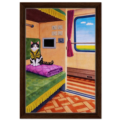 Cat on Train Framed Canvas Retro-Whimsical - Mid-Century Style