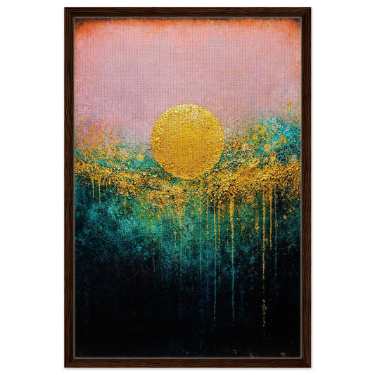 Golden Stillness framed canvas, impasto-style metallic gold sun over pink-to-teal horizon, dark wood frame