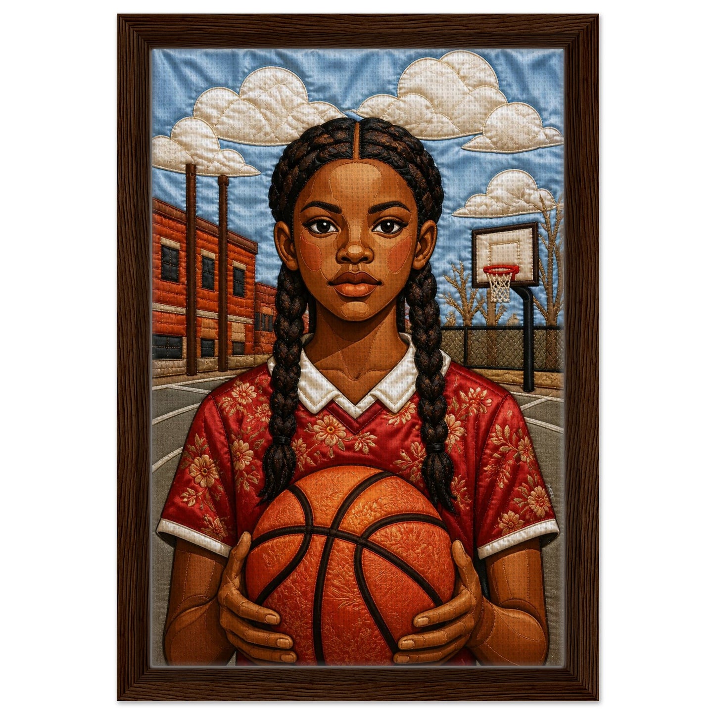 Museum-quality matte poster of quilt-inspired Black girl basketball