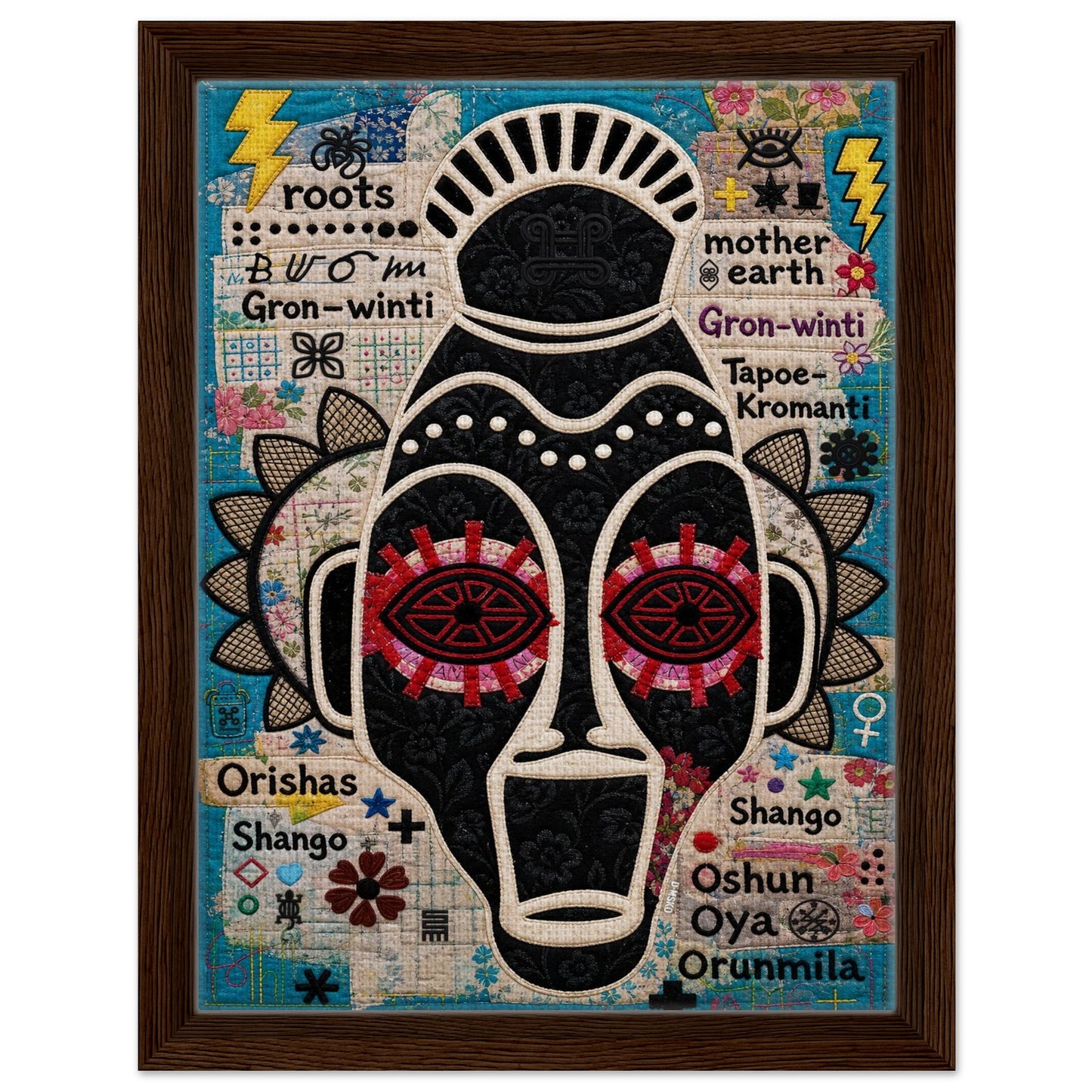 Ancestral Roots Mask Framed Canvas Quilted-Style - Yoruba Orisha Style