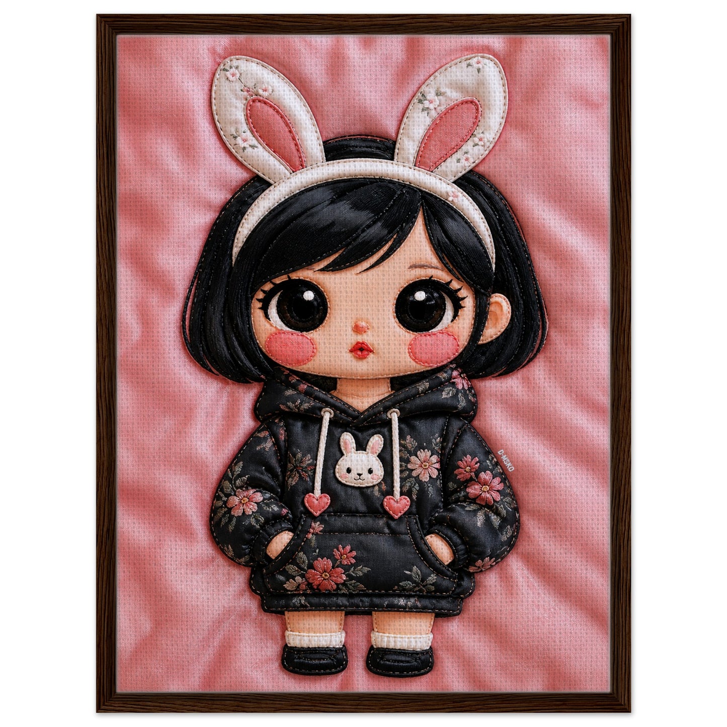 Bunny Bloom Kawaii Quilted-Style Framed Canvas
