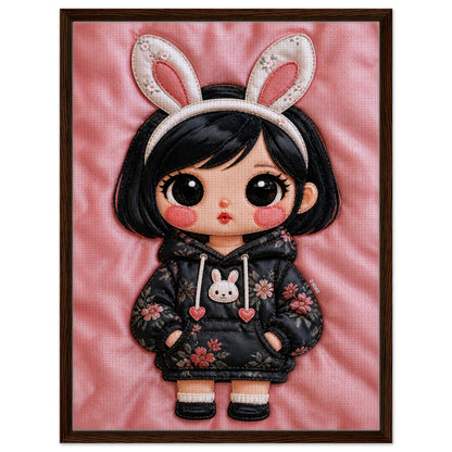 Bunny Bloom Kawaii Quilted-Style Framed Canvas