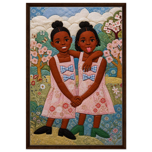 Black sisters portrait poster with quilted floral pattern and a framed canvas look, matte paper, vertical wall art.
