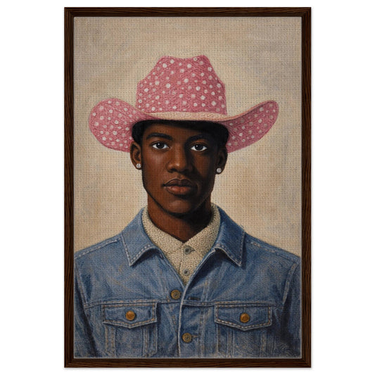 Not Asking Permission framed canvas portrait in black wood frame; figure in denim jacket, pink polka-dot cowboy hat