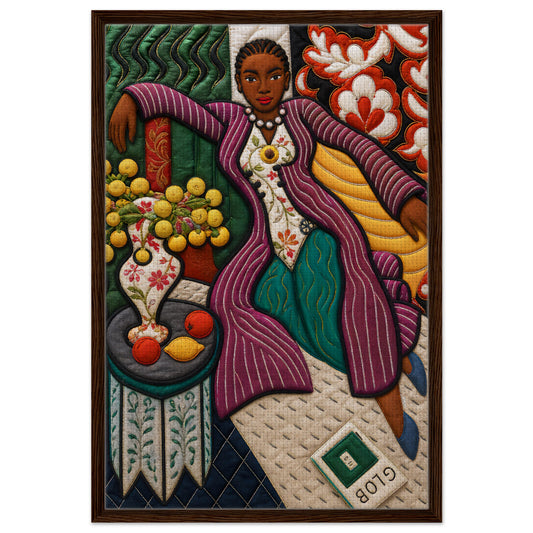 Afrocentric framed canvas bedroom wall art, quilt-inspired Black woman portrait with citrus, florals, wood-look frame