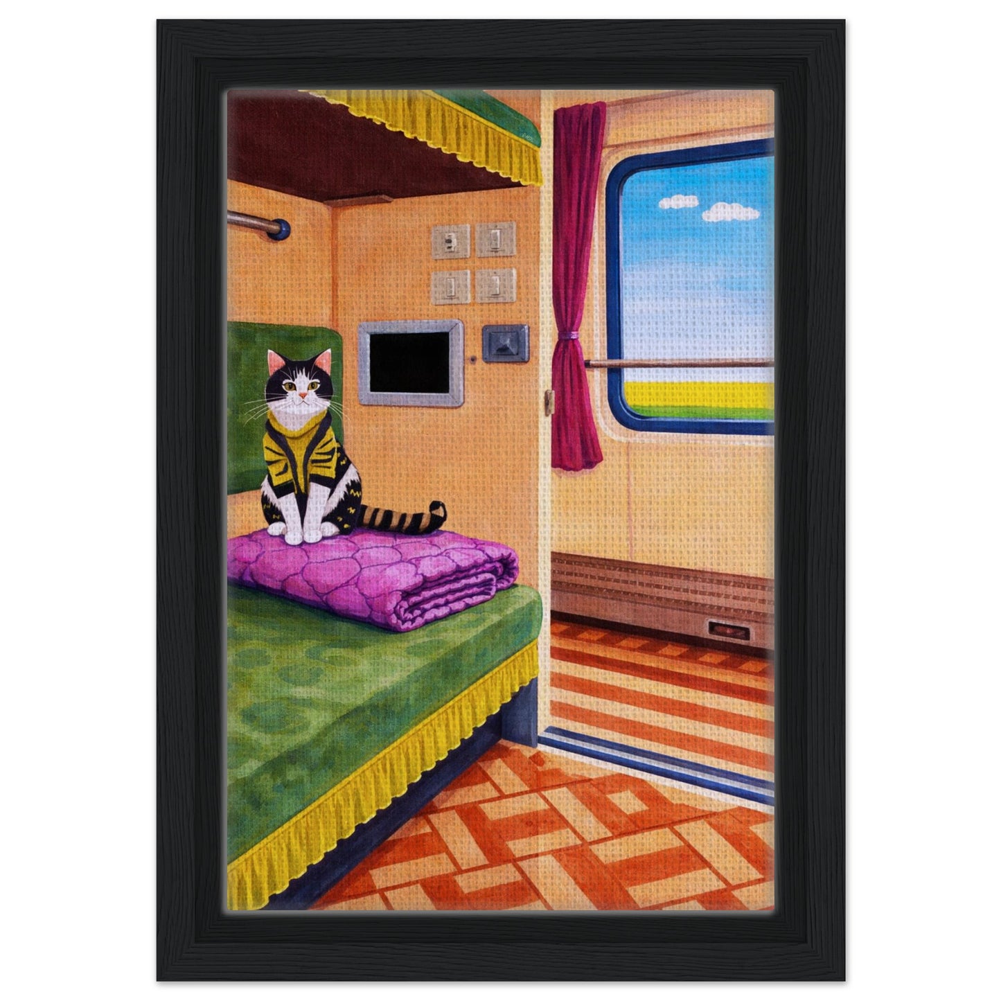 Cat on Train Framed Canvas Retro-Whimsical - Mid-Century Style