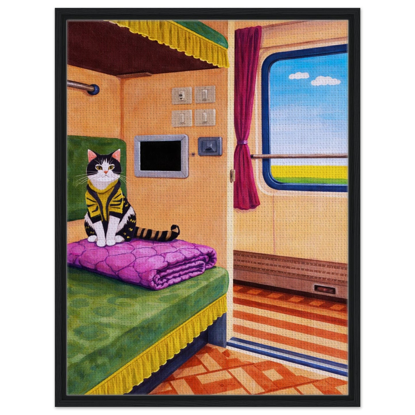 Cat on Train Framed Canvas Retro-Whimsical - Mid-Century Style