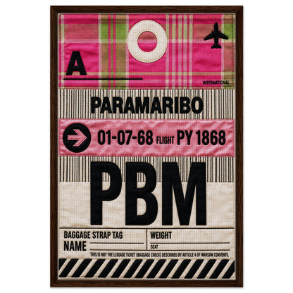 Paramaribo PBM airport code framed canvas, pink quilted-style travel typography art with wood frame