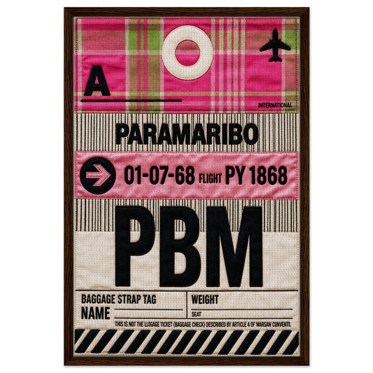 Paramaribo PBM airport code framed canvas, pink quilted-style travel typography art with wood frame