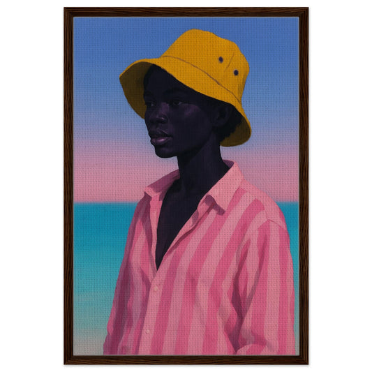Framed seaside stillness canvas print-portrait of figure in yellow bucket hat by a turquoise horizon, black wood frame