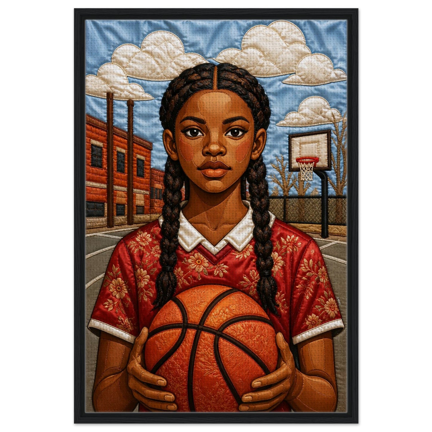 Museum-quality matte poster of quilt-inspired Black girl basketball