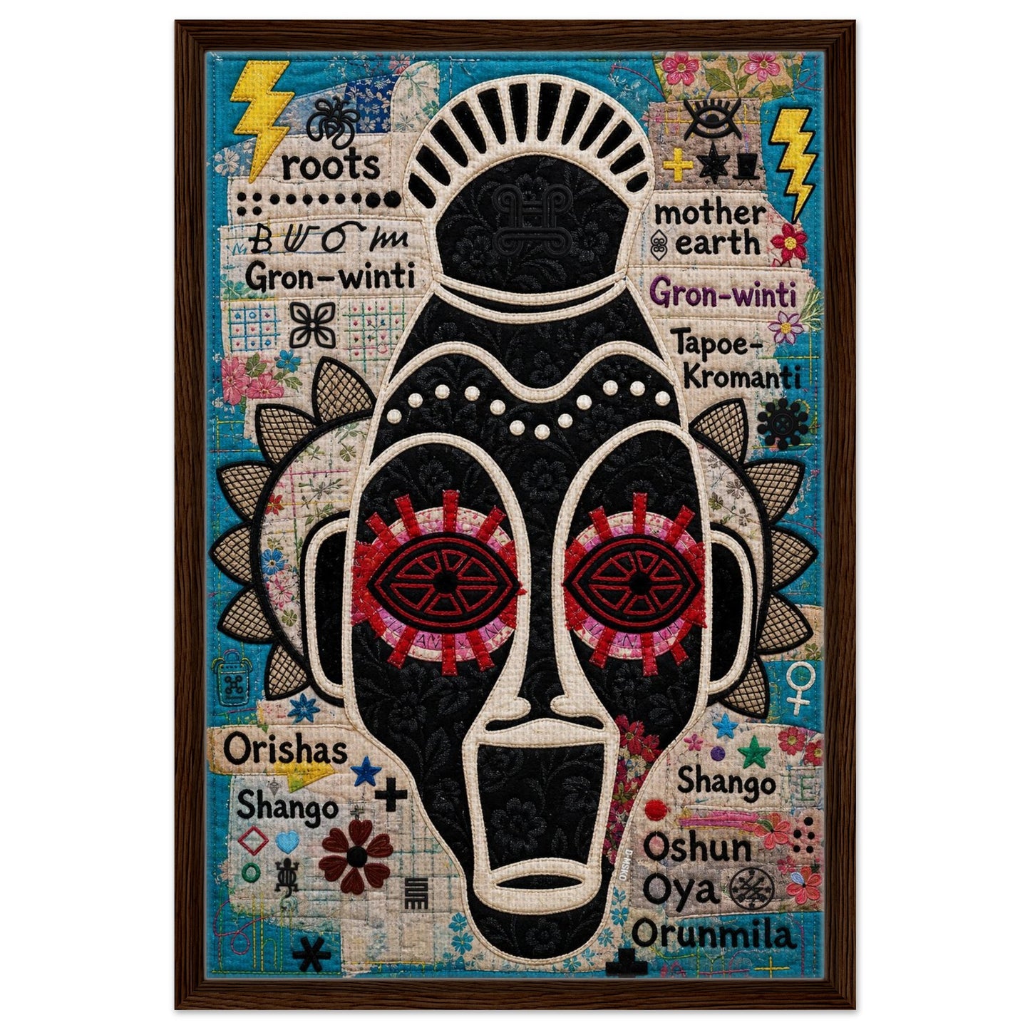 Ancestral Roots Mask Framed Canvas Quilted-Style - Yoruba Orisha Style