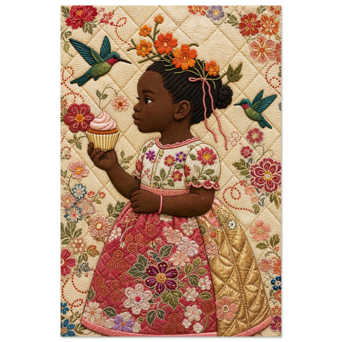 Quilted-look wall poster of a Black girl holding a cupcake, floral portrait with hummingbirds and decorative border.
