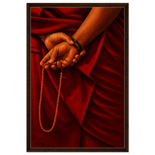 Framed canvas showing a monk's clasped hands with mala beads, warm tones, portrait, dark wood frame; devotional wall art.
