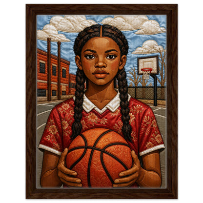 Museum-quality matte poster of quilt-inspired Black girl basketball