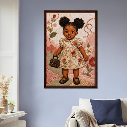 Little Luxe Black Girl Framed Canvas Quilted-Style Textile-Inspired