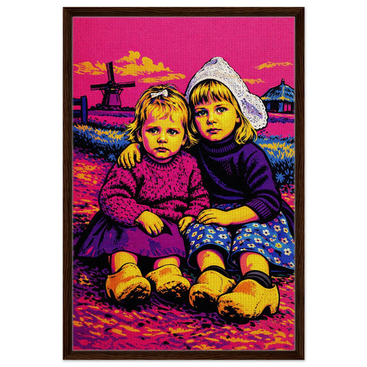 Framed canvas of two sisters in a pink field, Dutch countryside with windmill, pop art style in a black wood frame