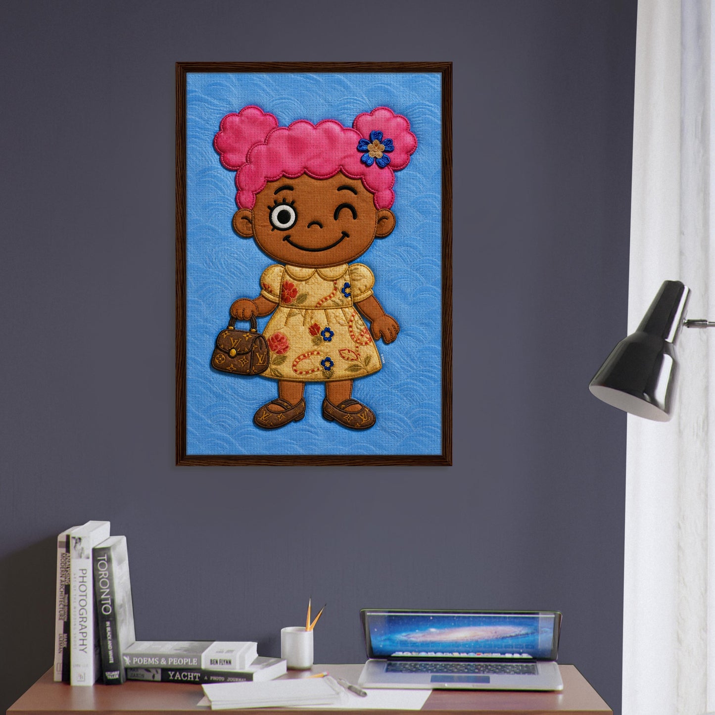 Pink Pigtails Framed Canvas Quilted-Style Kawaii-Style - Pop Art