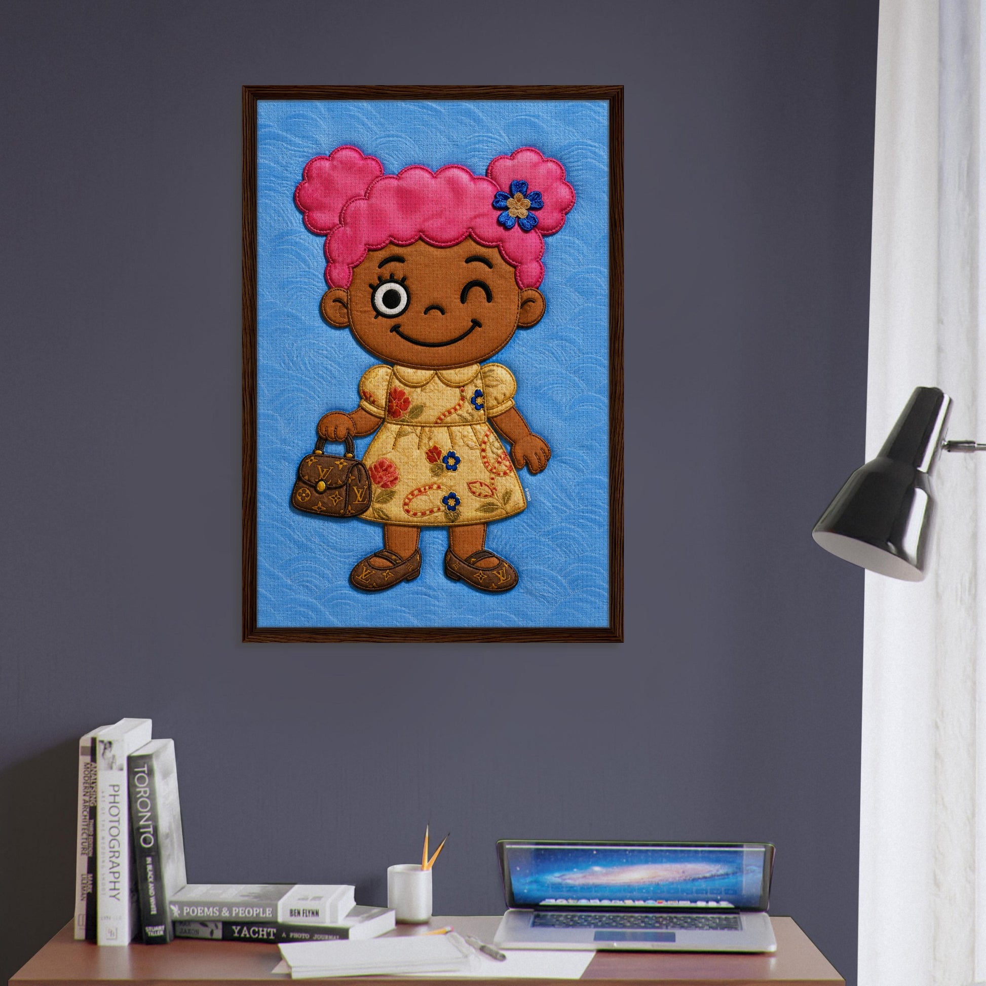 Pink Pigtails Framed Canvas Quilted-Style Kawaii-Style - Pop Art