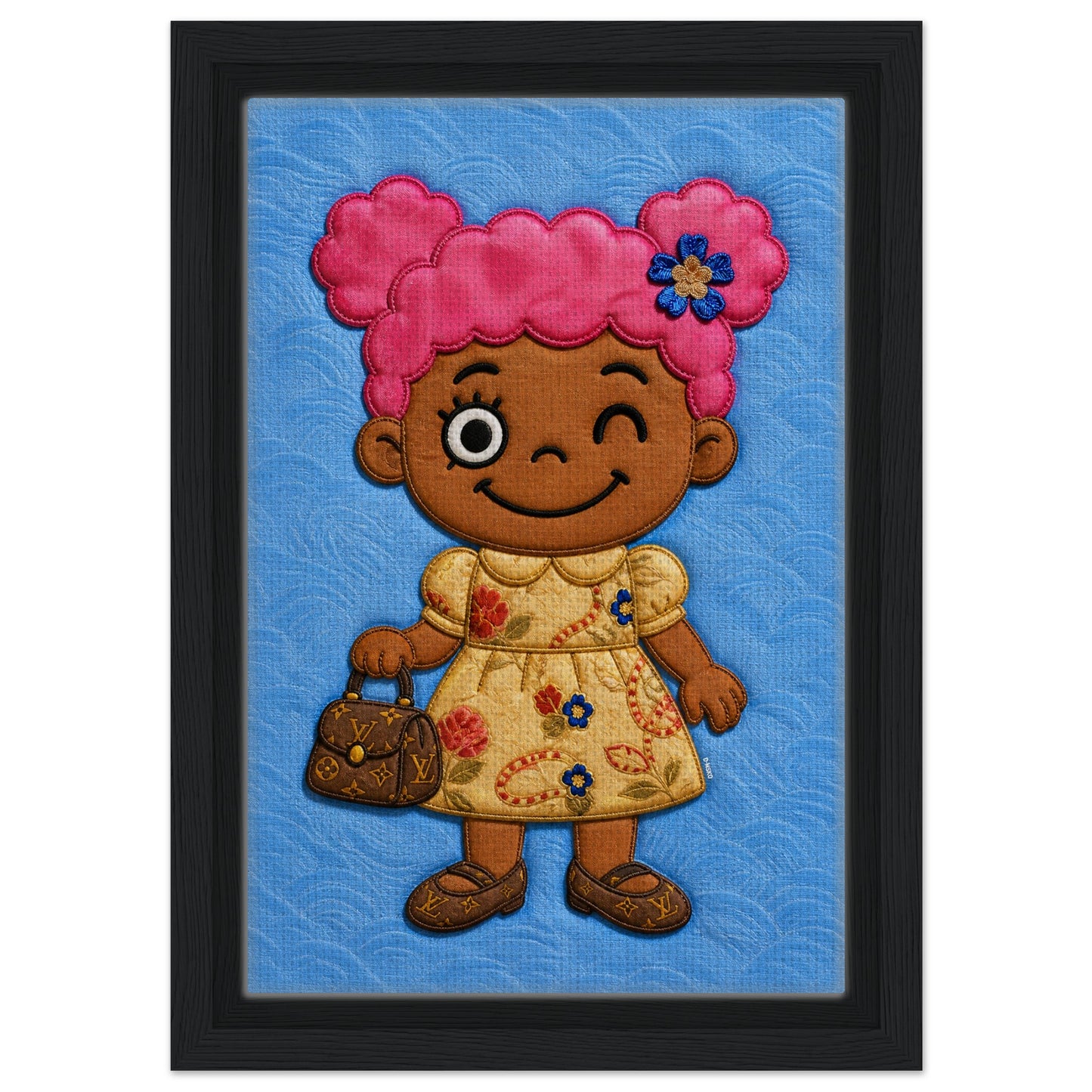 Pink Pigtails Framed Canvas Quilted-Style Kawaii-Style - Pop Art