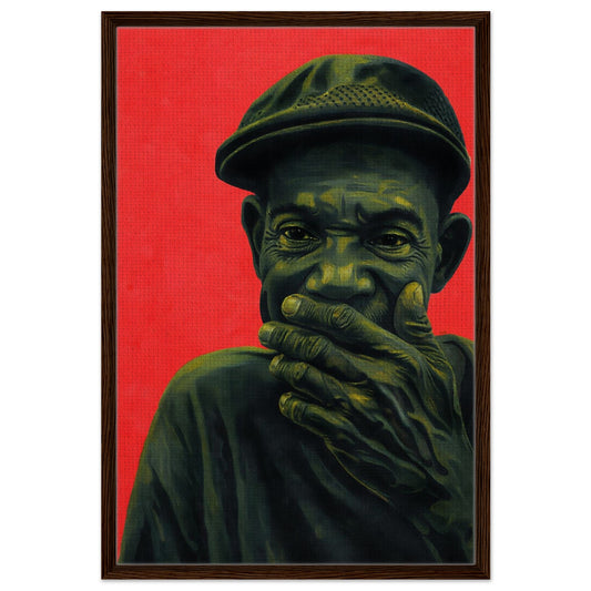 Expressionist framed canvas portrait on red, hand over mouth, black wood frame; story behind the eyes theme.