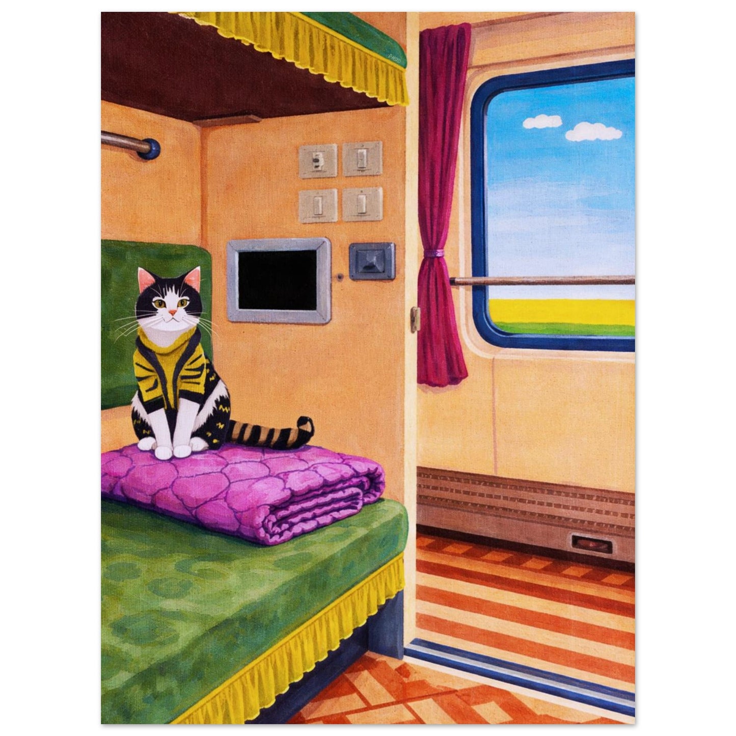 Cat on Train Matte Paper Poster Pop-Art - Mid-Century Travel