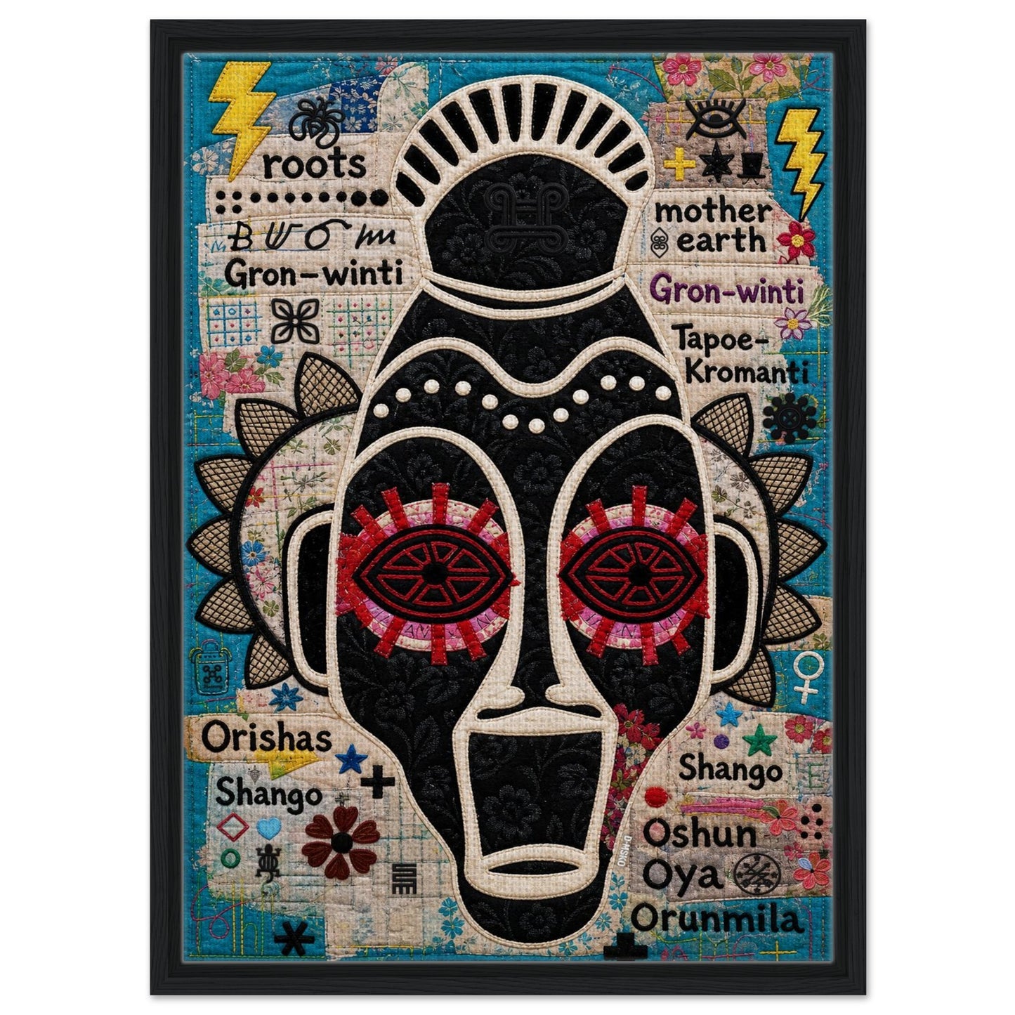 Ancestral Roots Mask Framed Canvas Quilted-Style - Yoruba Orisha Style