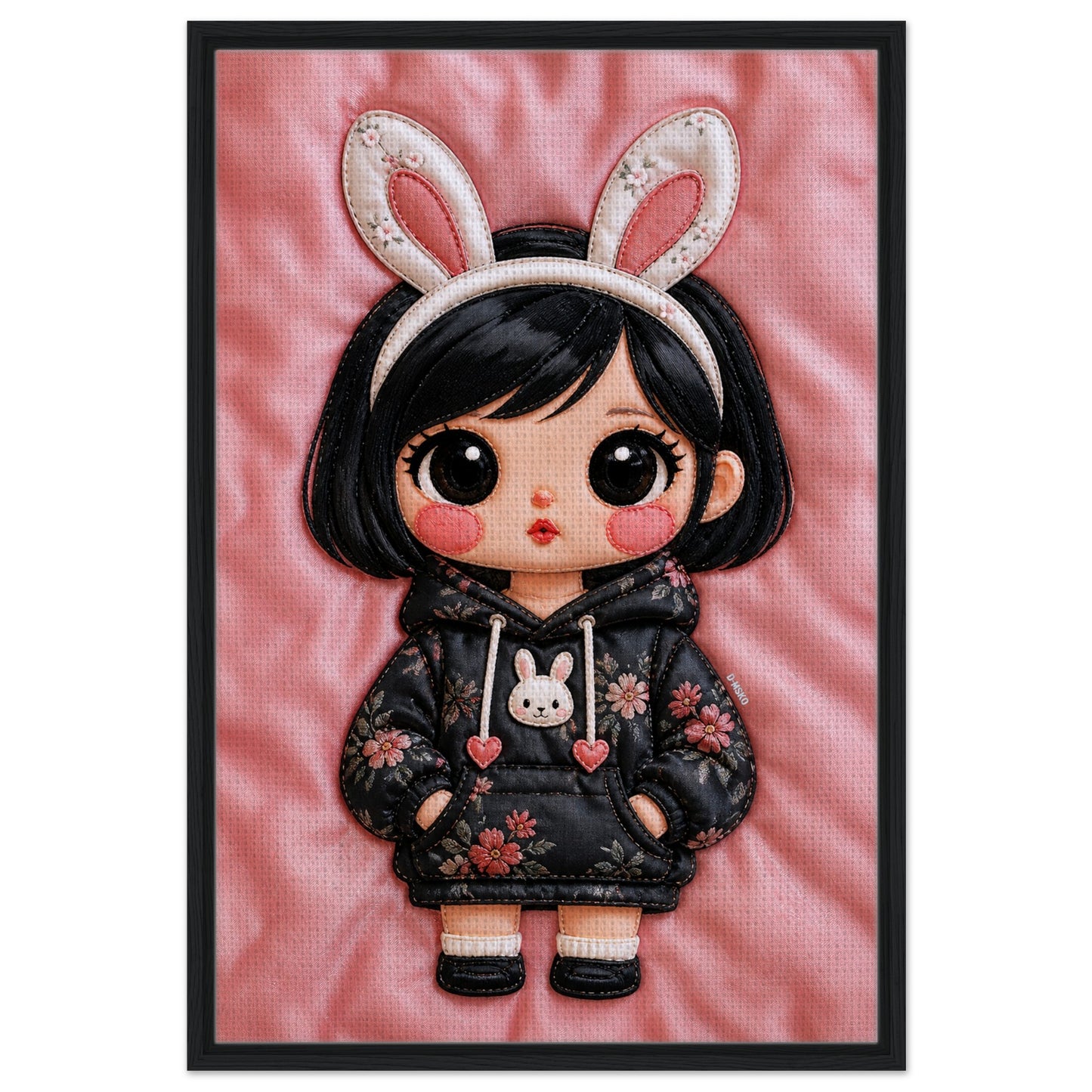 Bunny Bloom Kawaii Quilted-Style Framed Canvas