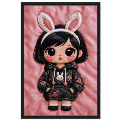 Bunny Bloom Kawaii Quilted-Style Framed Canvas
