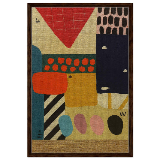 Abstract Symphony geometric framed canvas with Bauhaus color blocks in red, turquoise, pink, mustard and navy, wood frame