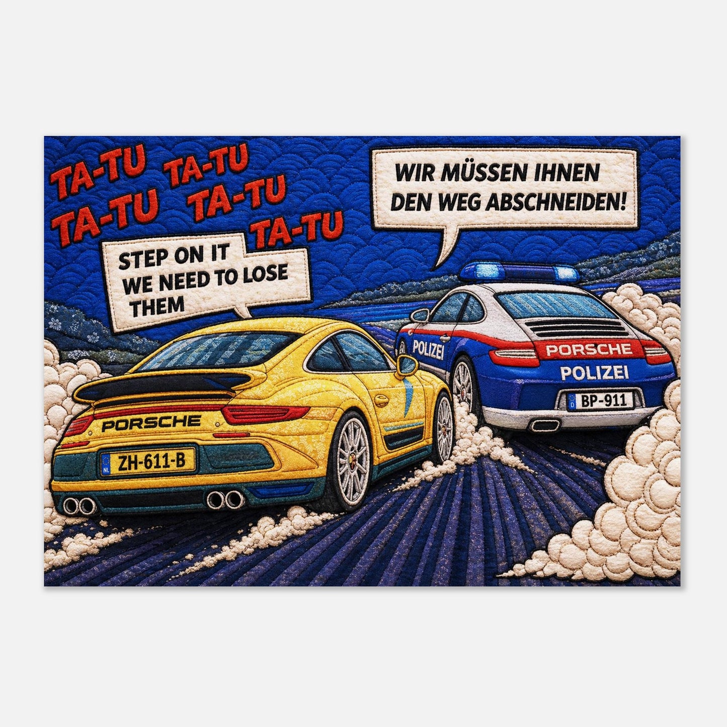 Autobahn Chase Museum Quality Matte Paper Poster Quilt-Inspired Pop-Ar