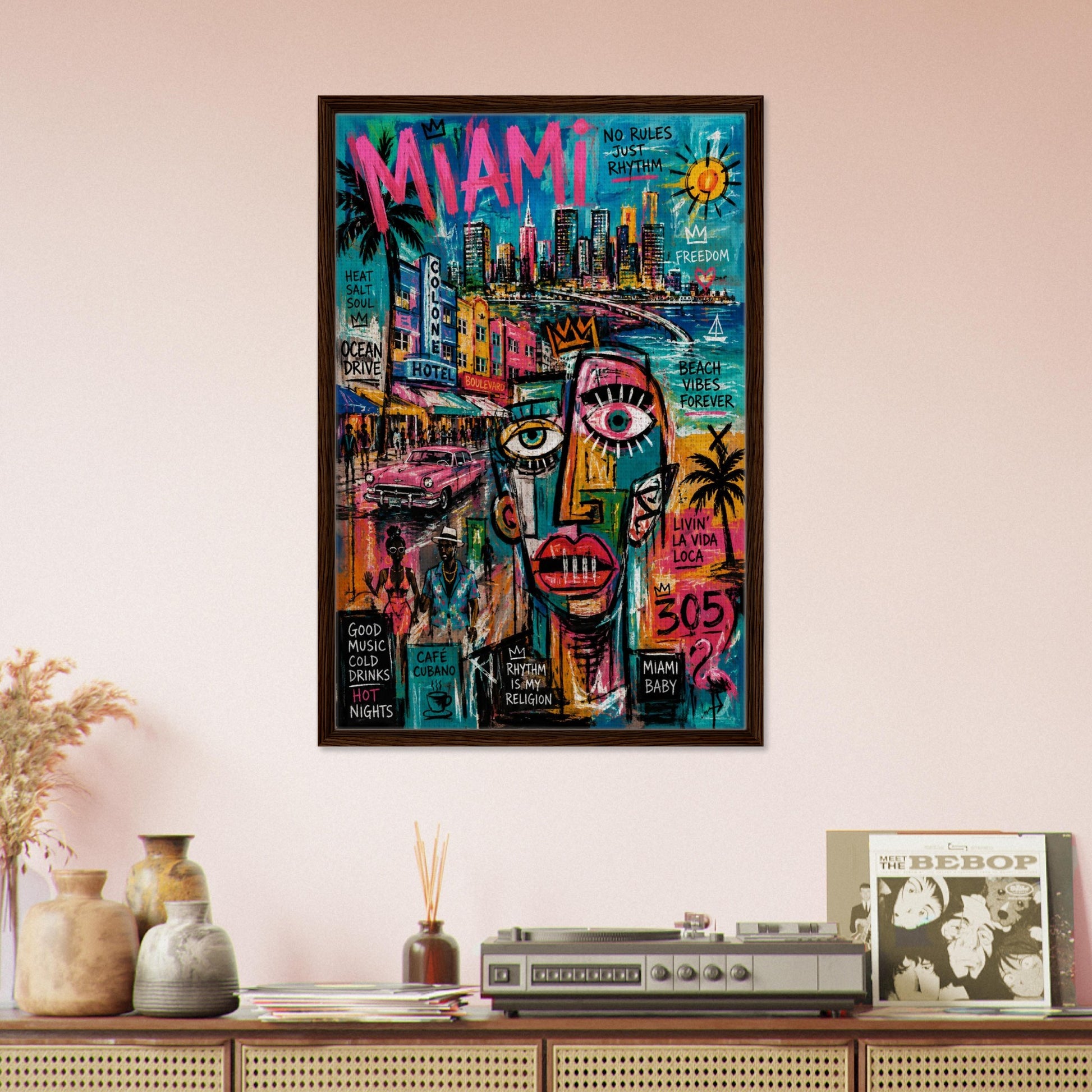 Miami Rhythm 305 Framed Canvas Neon-Graffiti Urban-Pop - Neo-Pop Style